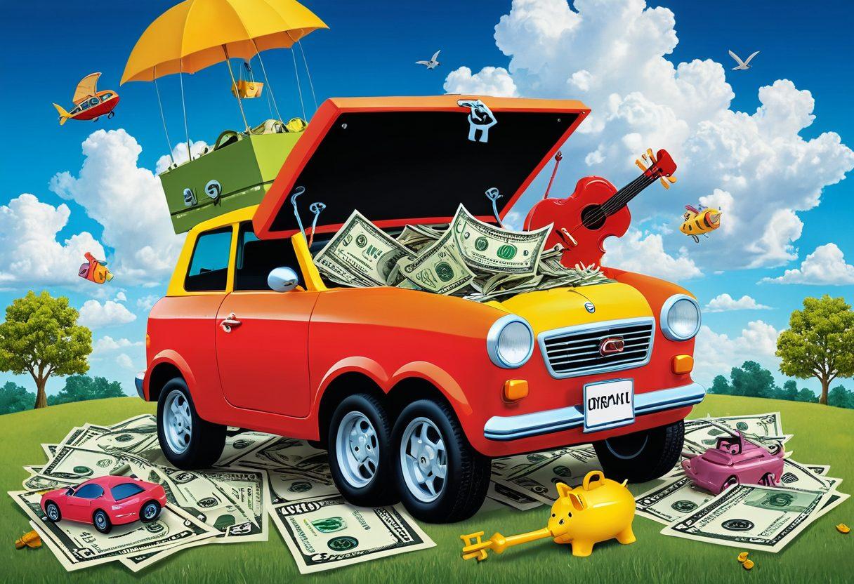 A whimsical illustration of a car with keys unlocking a treasure chest filled with insurance documents and dollar bills, surrounded by symbols of smart financial choices like piggy banks and calculators. The background features a bright, sunny sky with clouds shaped like cars. The scene conveys a sense of excitement and discovery. vibrant colors. cartoon style.