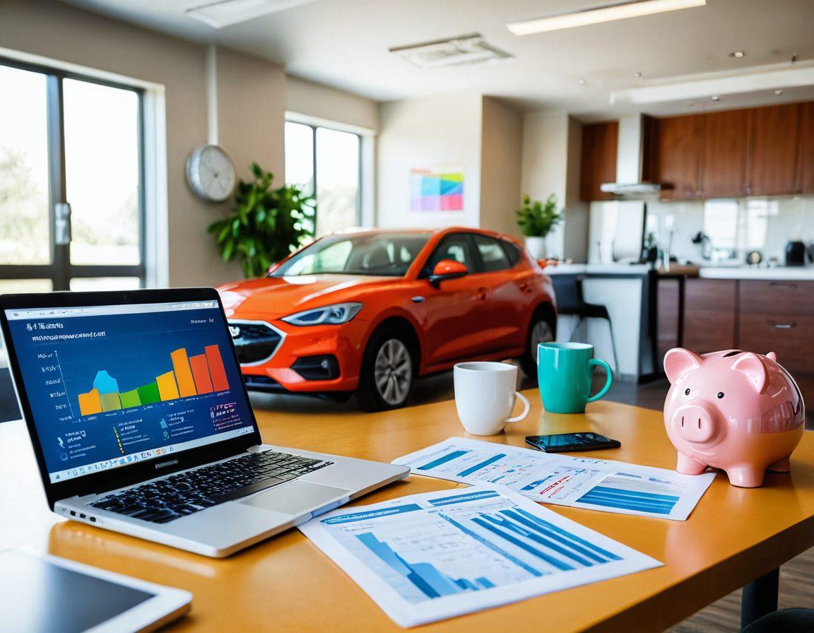 A visually engaging scene depicting a person comparing car insurance options on a laptop, surrounded by various car models and insurance documents scattered around. Include vibrant graphs and charts showcasing best deals, with a piggy bank symbolizing savings beside the laptop. The setting is bright and organized, emphasizing a sense of clarity and financial empowerment. super-realistic. vibrant colors. modern office background.
