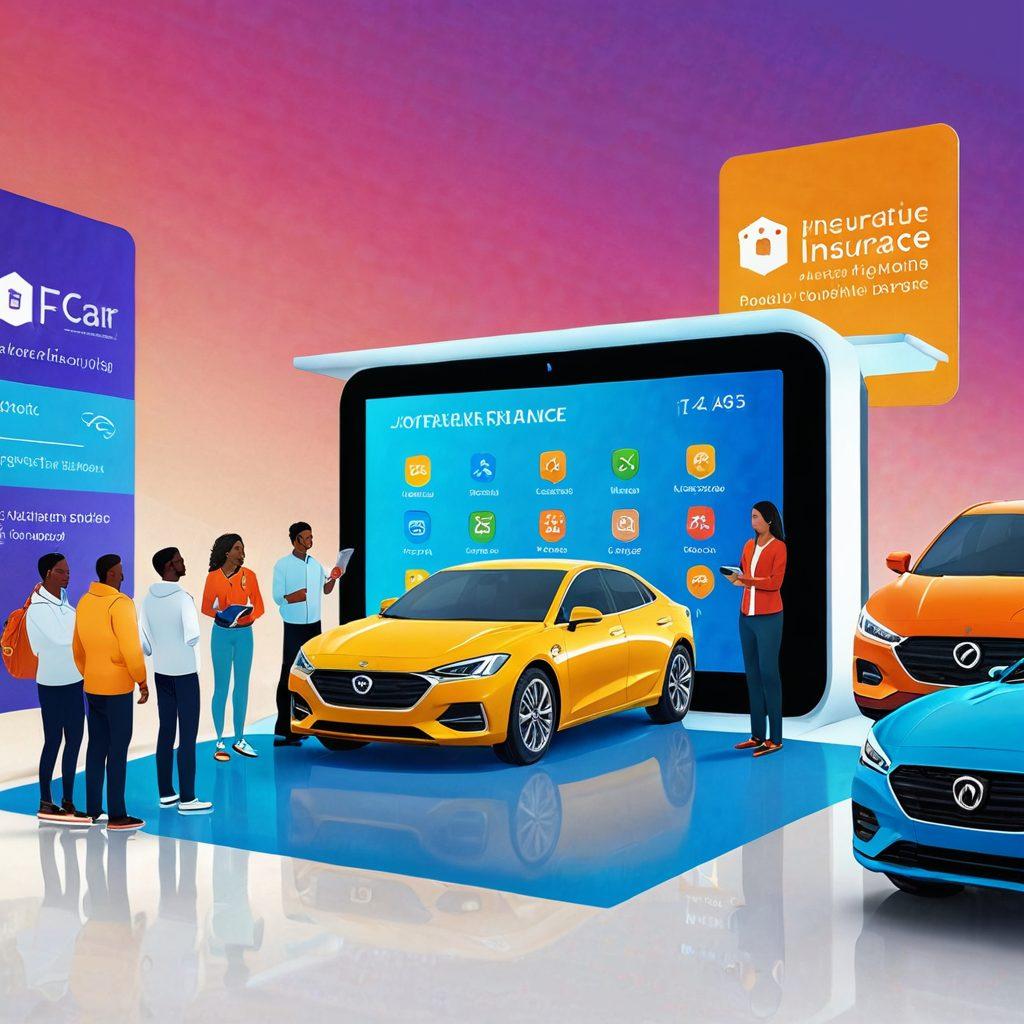 An illustration of a diverse group of drivers happily examining their insurance options at a futuristic digital kiosk, surrounded by vibrant icons representing various car insurance policies. Include elements like a calculator, dollar signs, and cars to symbolize smart financial decisions. The background should be bright and engaging, suggesting optimism and affordability in car coverage. super-realistic. vibrant colors.